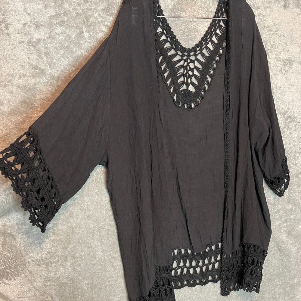 Womens Crochet Gauze Open Front Kimono Blouse One Size Black Boho Festival Layer